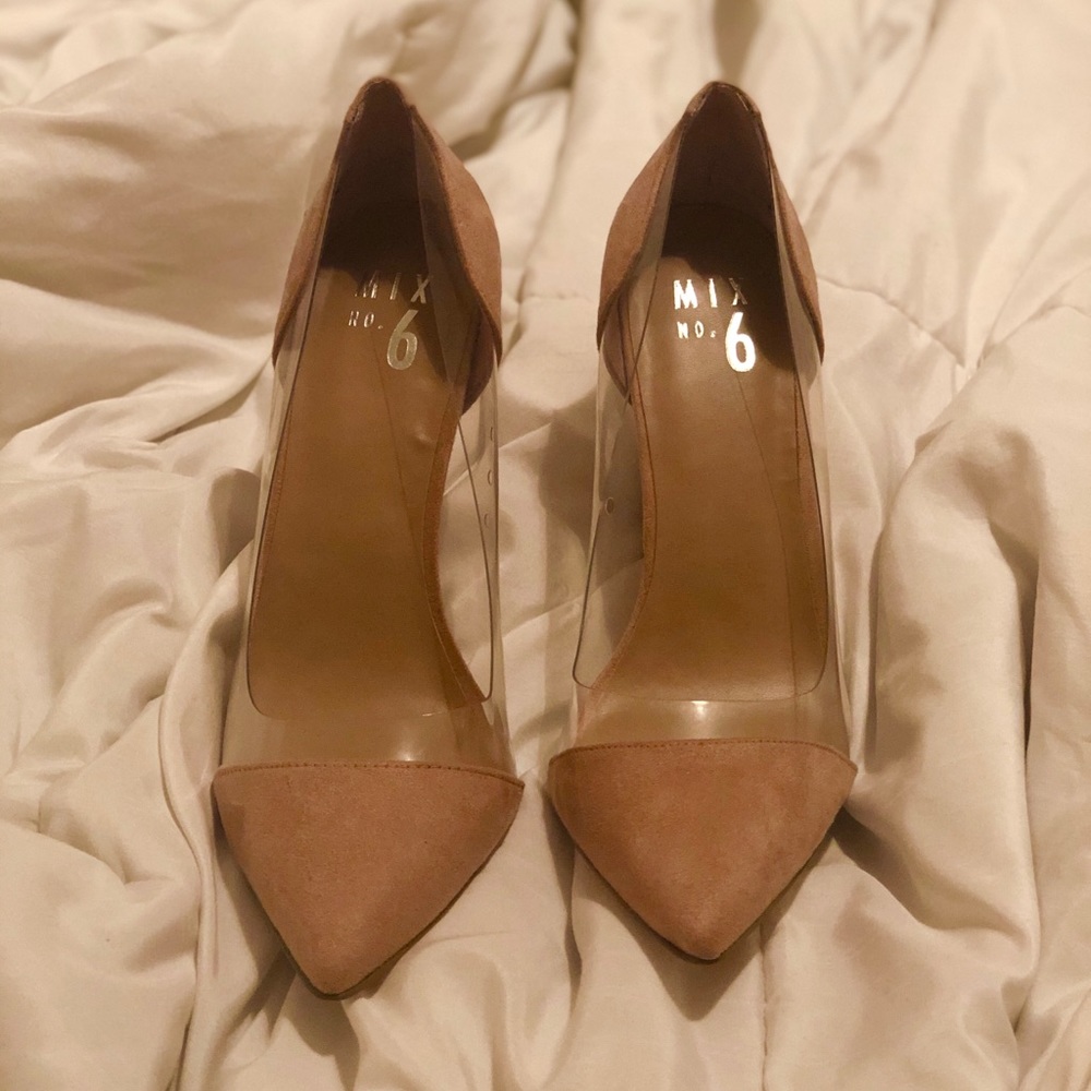 NEW nude/clear suede stilettos